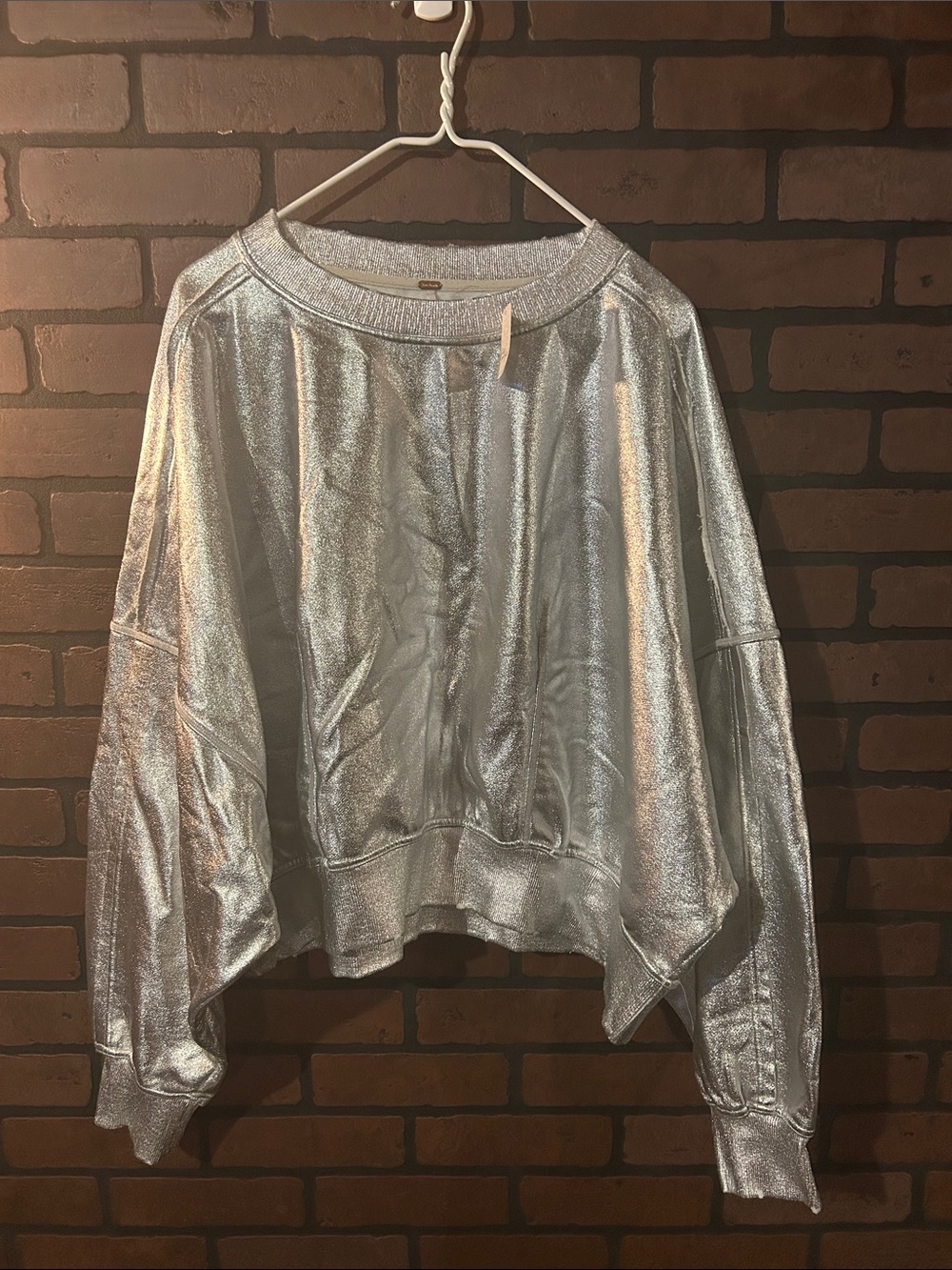 Free People Metallic Silver Oversized Crewneck Sweatshirt
